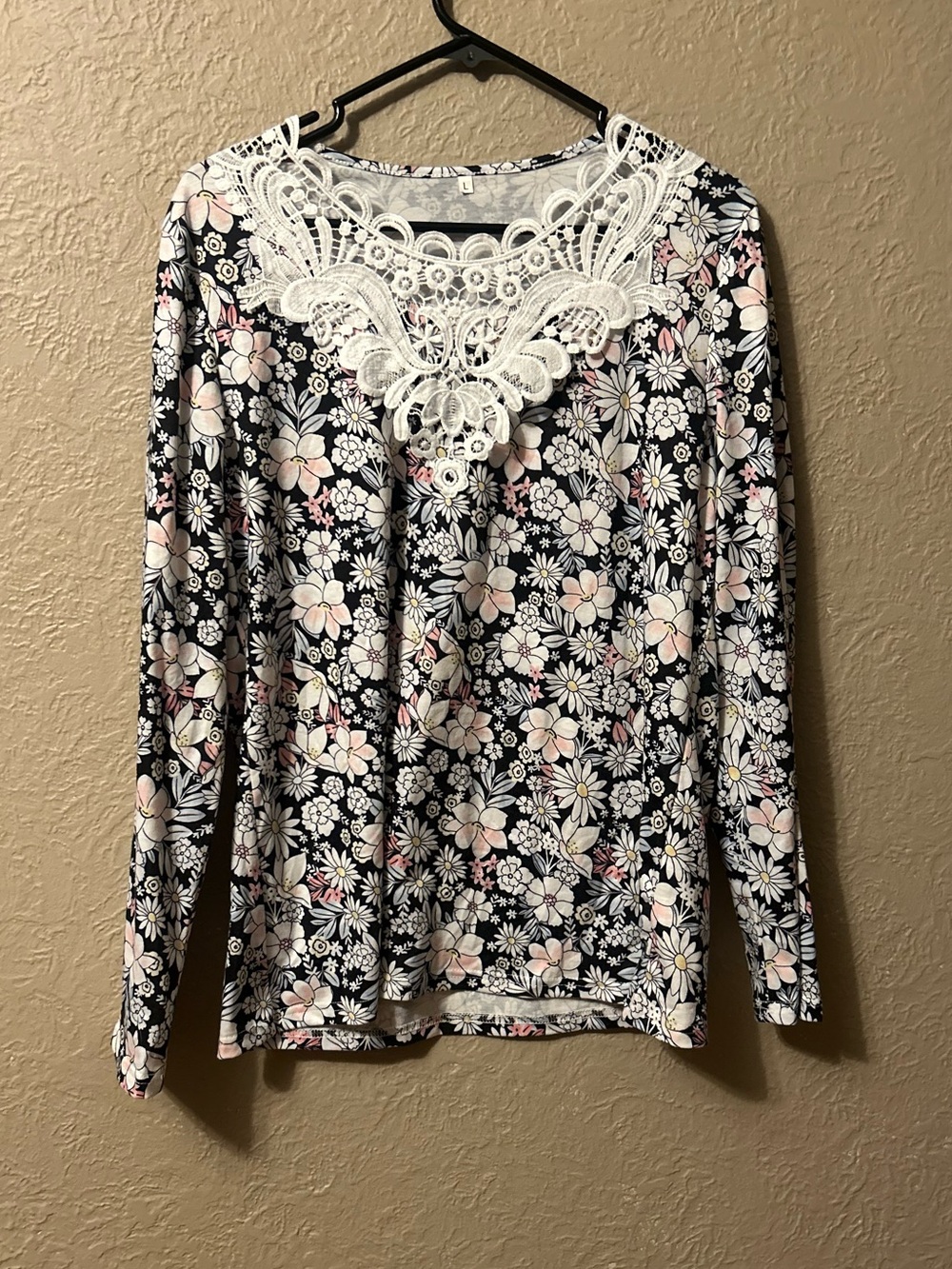 Lace-Yoke Long Sleeve Floral Tee - Black with Pink & White
